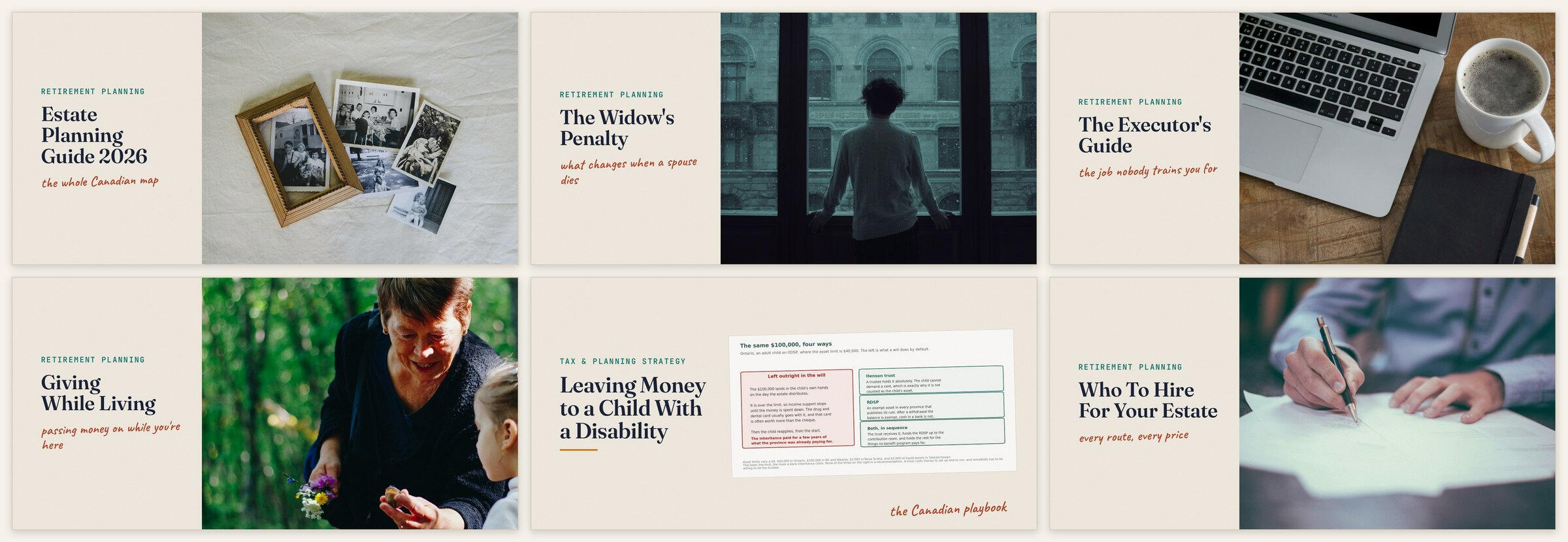 Six estate guides from the Community: the Estate Planning Guide 2026, the widow's penalty, the executor's guide, giving while living, leaving money to a child with a disability, and who to hire